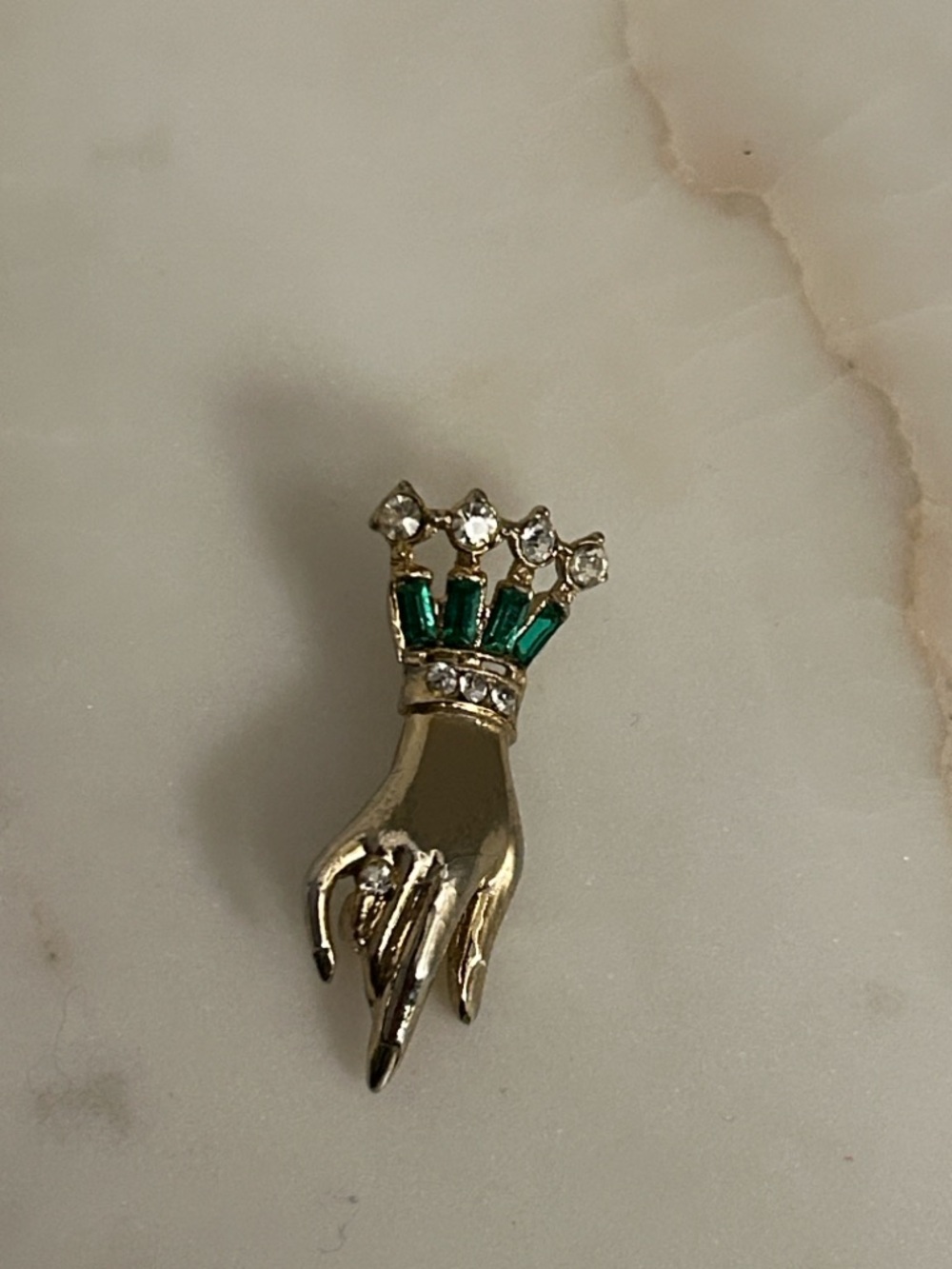 Coro Gold Tone Hand Brooch with Green and Clear Rhinestones